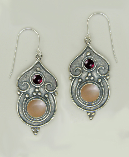 Sterling Silver Gothic Inspired Drop Dangle Earrings With Peach Moonstone And Garnet